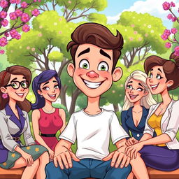 A colorful and playful cartoon scene featuring a young man in his late 20s, showing his affection for women who are slightly older than him, around 30