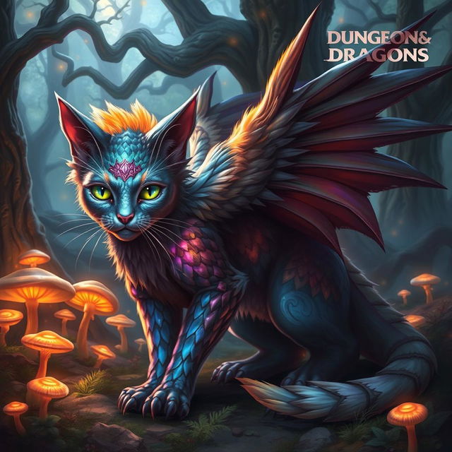 A fantastical Dungeons and Dragons animal creature, displaying a unique mix of features from various mythical beings