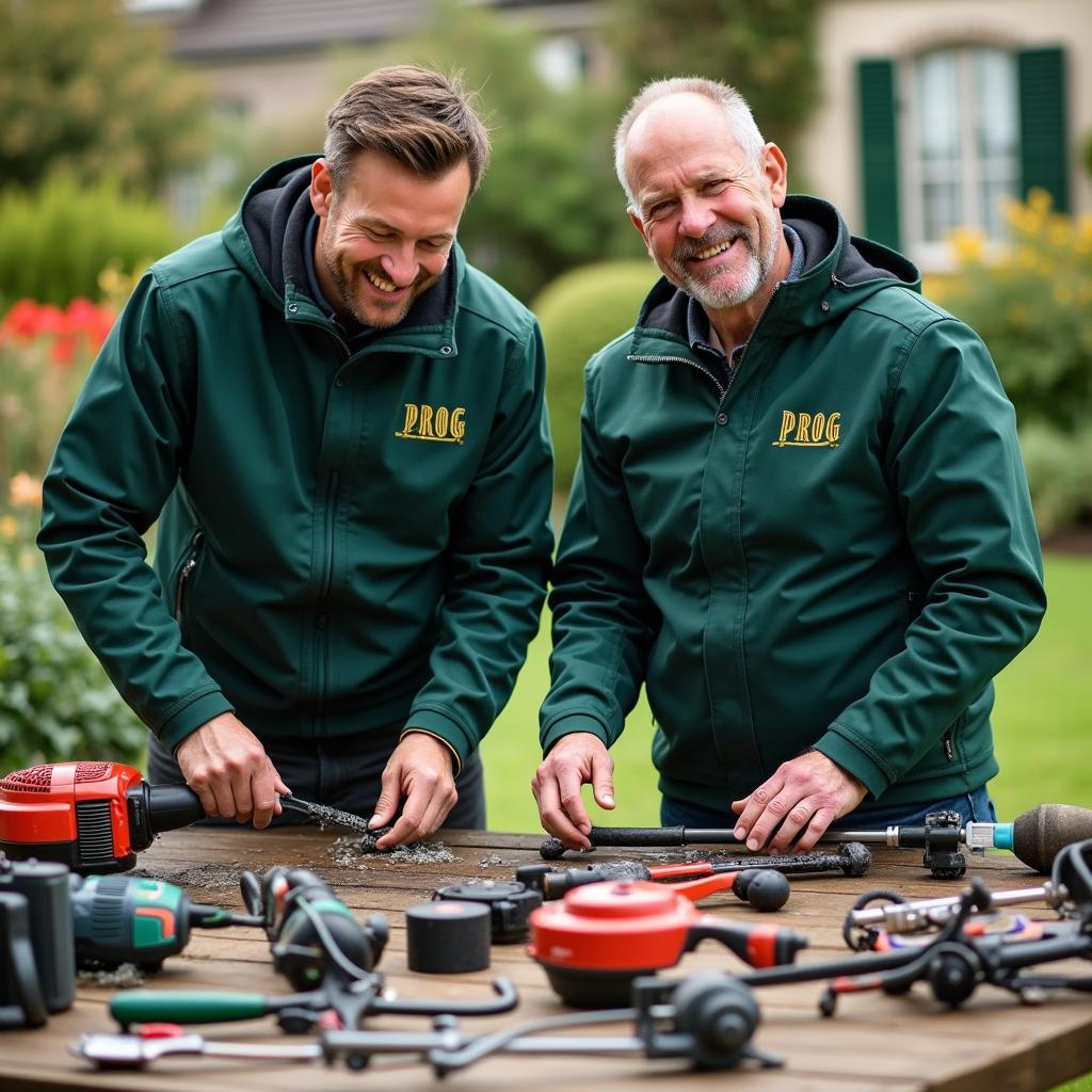 Two men wearing dark green jackets with 'PROG' elegantly printed in golden letters are happily working on gardening tools arranged neatly on a table