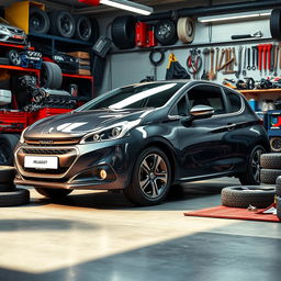 A vibrant and dynamic scene featuring a Peugeot 208 in a garage setting, surrounded by various car parts like tires, engines, and tools