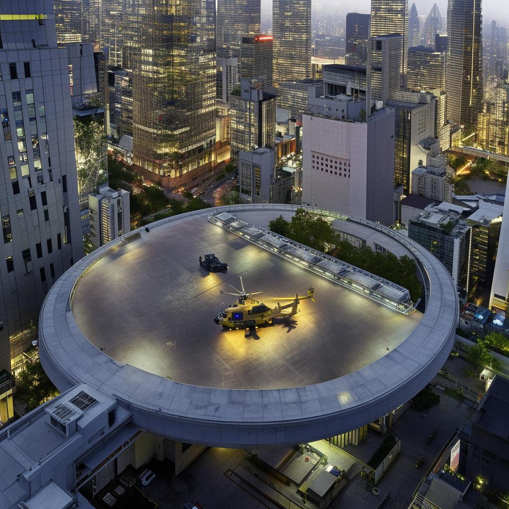 A robust helipad atop a SWAT premises in a bustling central business district, hosting five state-of-the-art helicopters ready for deployment.