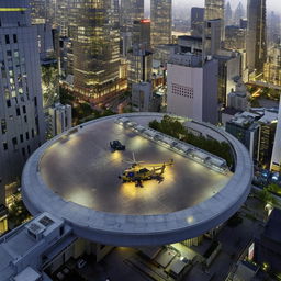 A robust helipad atop a SWAT premises in a bustling central business district, hosting five state-of-the-art helicopters ready for deployment.