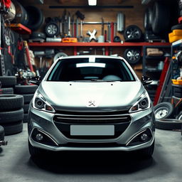 A vibrant and dynamic scene featuring a Peugeot 208 in a garage setting, surrounded by various car parts like tires, engines, and tools