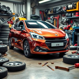 A vibrant and dynamic scene featuring a Peugeot 208 in a garage setting, surrounded by various car parts like tires, engines, and tools