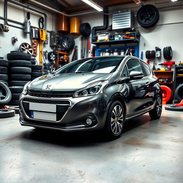 A vibrant and dynamic scene featuring a Peugeot 208 in a garage setting, surrounded by various car parts like tires, engines, and tools