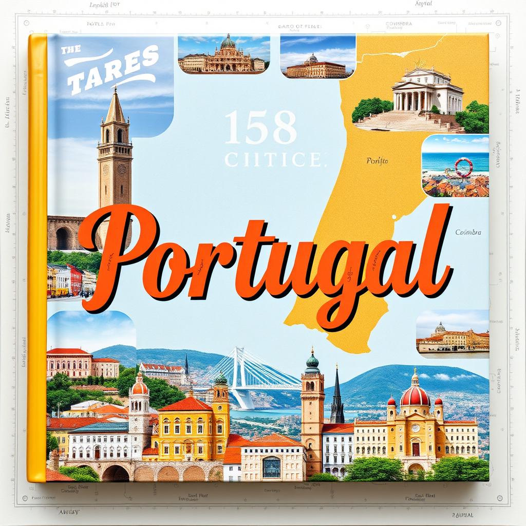 A large book cover showcasing 158 cities in Portugal, beautifully laid out with real images of iconic landmarks from various cities like Lisbon’s Belem Tower, Porto’s Dom Luis I Bridge, and Coimbra’s historical architecture