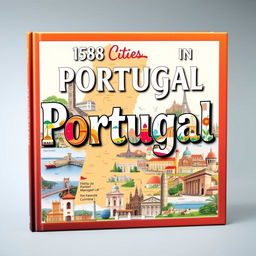 A large book cover showcasing 158 cities in Portugal, beautifully laid out with real images of iconic landmarks from various cities like Lisbon’s Belem Tower, Porto’s Dom Luis I Bridge, and Coimbra’s historical architecture