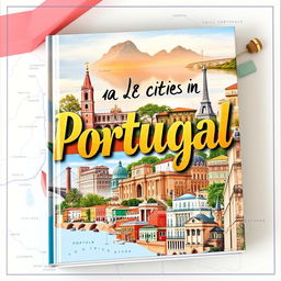 A large book cover showcasing 158 cities in Portugal, beautifully laid out with real images of iconic landmarks from various cities like Lisbon’s Belem Tower, Porto’s Dom Luis I Bridge, and Coimbra’s historical architecture