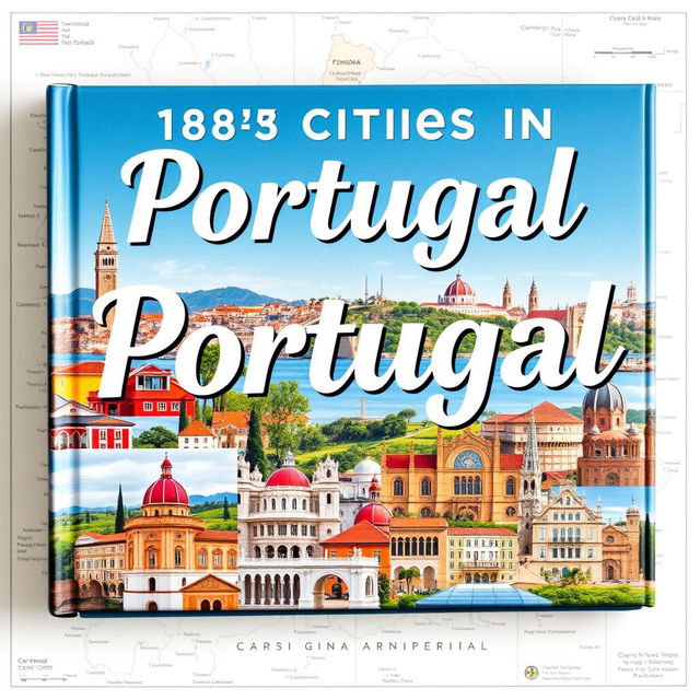 A large book cover showcasing 158 cities in Portugal, beautifully laid out with real images of iconic landmarks from various cities like Lisbon’s Belem Tower, Porto’s Dom Luis I Bridge, and Coimbra’s historical architecture