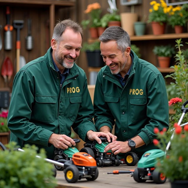 Two men wearing dark green jackets with the word 'PROG' elegantly inscribed in golden letters are smiling and working on gardening machines from PROG displayed on a workbench