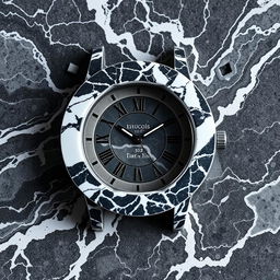 A watch casing made of high-quality black marble with intricate white veining patterns