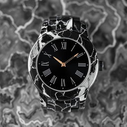 A watch casing made of high-quality black marble with intricate white veining patterns