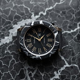 A watch casing made of high-quality black marble with intricate white veining patterns