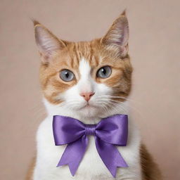 A charming cat with a silky purple ribbon tied around its ears in a dainty bow.