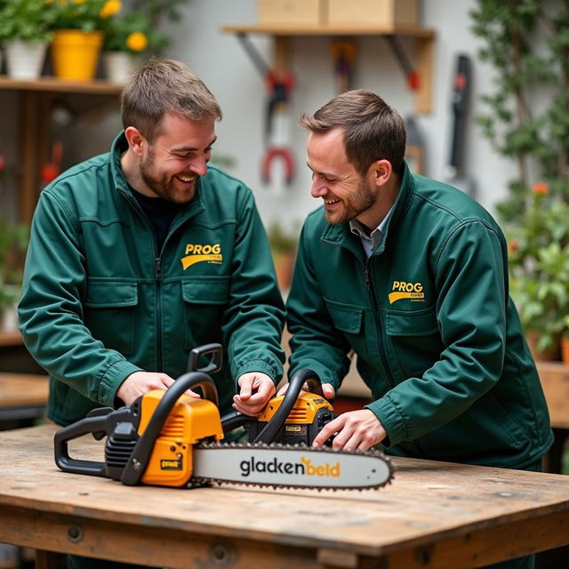 Two men wearing dark green jackets emblazoned with 'PROG' and a golden garden logo are happily working on chainsaws from PROG, which are placed on a sturdy work table