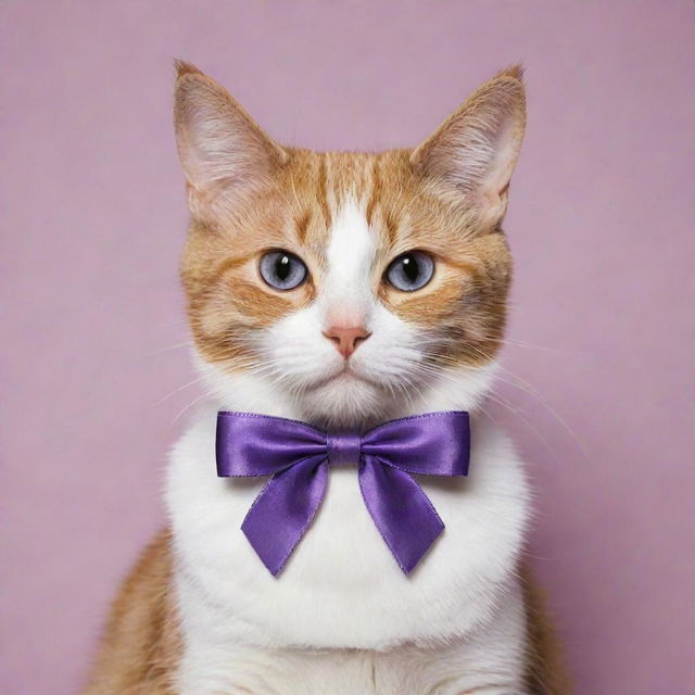 A charming cat with a silky purple ribbon tied around its ears in a dainty bow.