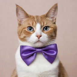 A charming cat with a silky purple ribbon tied around its ears in a dainty bow.