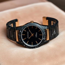 A luxurious watch casing made entirely of elegant black marble, showcasing intricate veining patterns unique to the material