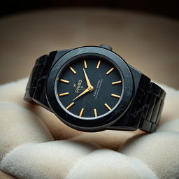 A luxurious watch casing made entirely of elegant black marble, showcasing intricate veining patterns unique to the material