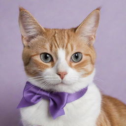 A charming cat with a silky purple ribbon tied around its ears in a dainty bow.