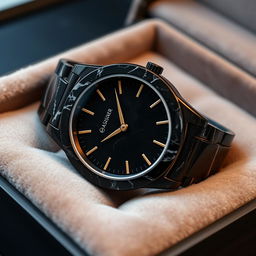 A luxurious watch casing made entirely of elegant black marble, showcasing intricate veining patterns unique to the material