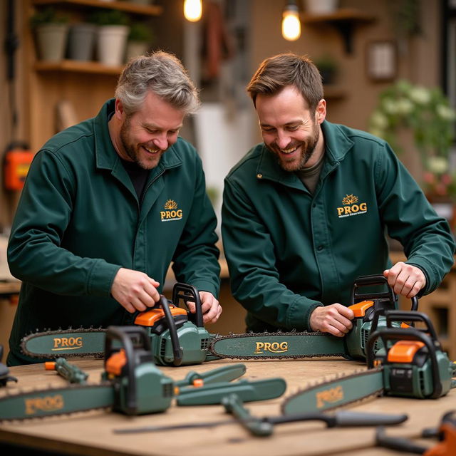 Two men wearing dark green jackets, featuring the word 'PROG' and a garden logo elegantly embroidered in gold letters, are happily working together at a table