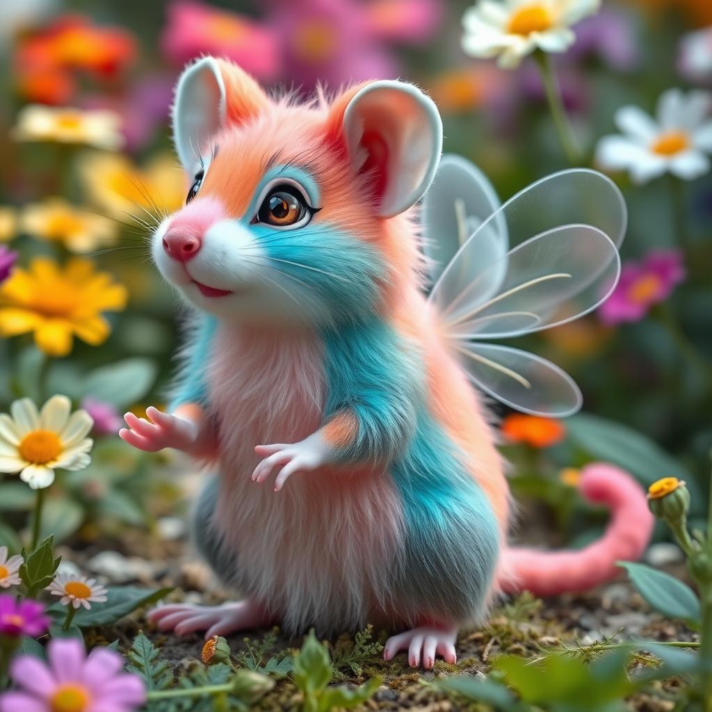 A whimsical creature representing a combination of the characteristics of a flamboyant gay personality, a mouse, a cat, a hamster, a fox, and a cricket