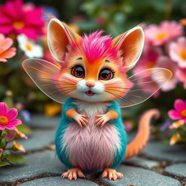 A whimsical creature representing a combination of the characteristics of a flamboyant gay personality, a mouse, a cat, a hamster, a fox, and a cricket