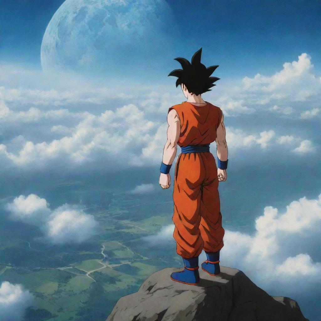 Goku's lifeless body descends dramatically from the celestial heights, adding to the overwhelming pathos of the scene, while the young boy stands alone, his form dwarfed in the grand scale of the unfolding tragedy.