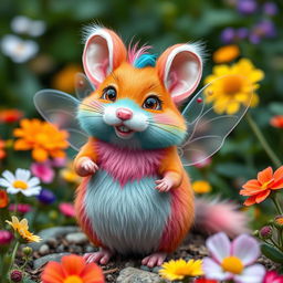 A whimsical creature representing a combination of the characteristics of a flamboyant gay personality, a mouse, a cat, a hamster, a fox, and a cricket