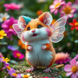 A whimsical creature representing a combination of the characteristics of a flamboyant gay personality, a mouse, a cat, a hamster, a fox, and a cricket