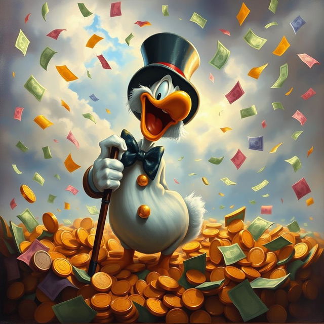 A realistic oil painting of Uncle Scrooge (Tio Patinhas) joyfully enjoying a rain of money, surrounded by colorful bills fluttering down like confetti