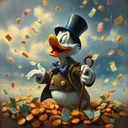 A realistic oil painting of Uncle Scrooge (Tio Patinhas) joyfully enjoying a rain of money, surrounded by colorful bills fluttering down like confetti