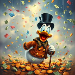 A realistic oil painting of Uncle Scrooge (Tio Patinhas) joyfully enjoying a rain of money, surrounded by colorful bills fluttering down like confetti