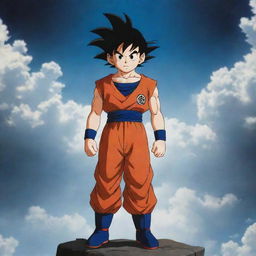 Goku's lifeless body descends dramatically from the celestial heights, adding to the overwhelming pathos of the scene, while the young boy stands alone, his form dwarfed in the grand scale of the unfolding tragedy.