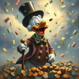 A realistic oil painting of Uncle Scrooge (Tio Patinhas) joyfully enjoying a rain of money, surrounded by colorful bills fluttering down like confetti