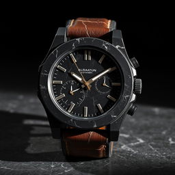 A rugged and robust watch design made from raw, unfinished black marble, emphasizing its natural imperfections and textures