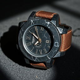 A rugged and robust watch design made from raw, unfinished black marble, emphasizing its natural imperfections and textures