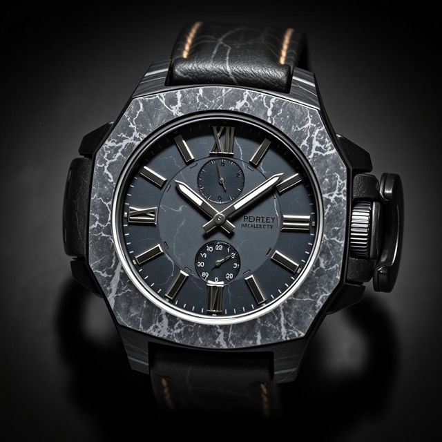 A rugged and robust watch design made from raw, unfinished black marble, emphasizing its natural imperfections and textures