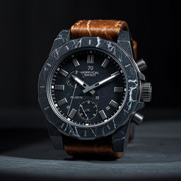 A rugged and robust watch design made from raw, unfinished black marble, emphasizing its natural imperfections and textures