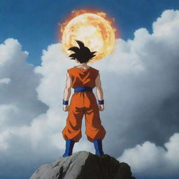 Goku's lifeless body descends dramatically from the celestial heights, adding to the overwhelming pathos of the scene, while the young boy stands alone, his form dwarfed in the grand scale of the unfolding tragedy.