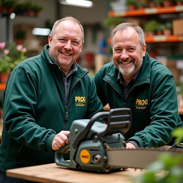 Two men wearing dark green jackets emblazoned with 'PROG' and a garden logo in golden letters