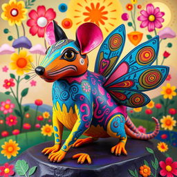 An alebrije creature that is a vibrant blend of personalities: flamboyant and playful like a gay man, small and agile like a mouse, curious and graceful like a cat, chubby and adorable like a hamster, cunning and clever like a fox, and lively like a cricket