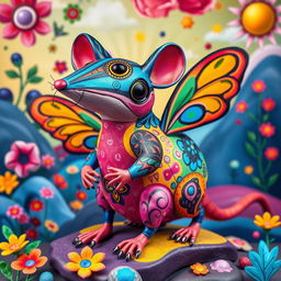 An alebrije creature that is a vibrant blend of personalities: flamboyant and playful like a gay man, small and agile like a mouse, curious and graceful like a cat, chubby and adorable like a hamster, cunning and clever like a fox, and lively like a cricket