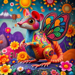 An alebrije creature that is a vibrant blend of personalities: flamboyant and playful like a gay man, small and agile like a mouse, curious and graceful like a cat, chubby and adorable like a hamster, cunning and clever like a fox, and lively like a cricket