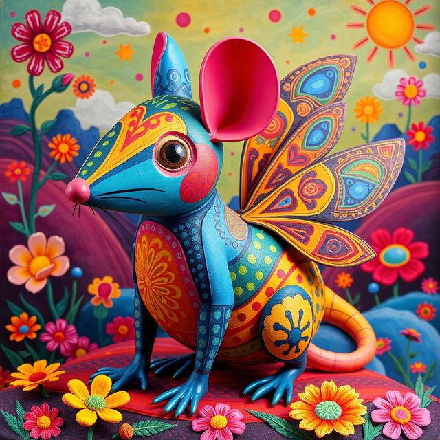 An alebrije creature that is a vibrant blend of personalities: flamboyant and playful like a gay man, small and agile like a mouse, curious and graceful like a cat, chubby and adorable like a hamster, cunning and clever like a fox, and lively like a cricket