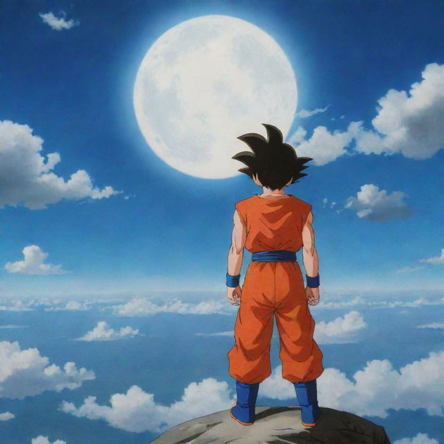 Goku's lifeless body descends dramatically from the celestial heights, adding to the overwhelming pathos of the scene, while the young boy stands alone, his form dwarfed in the grand scale of the unfolding tragedy.