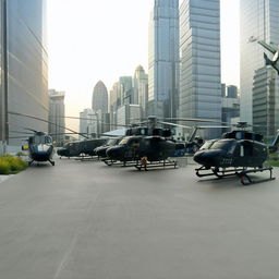 Five high-tech helicopters perched atop the helipad of a SWAT premises, in the heart of a bustling central business district under the bright daylight.