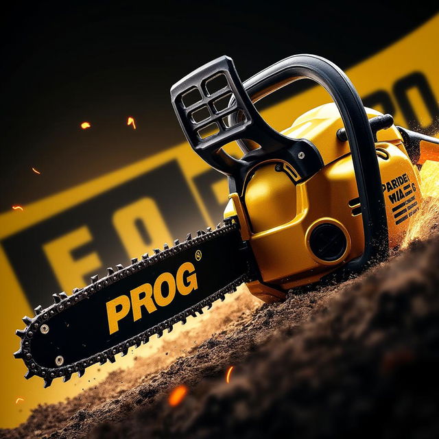 An eye-catching advertisement featuring a striking golden and black chainsaw prominently displaying the word 'PROG'