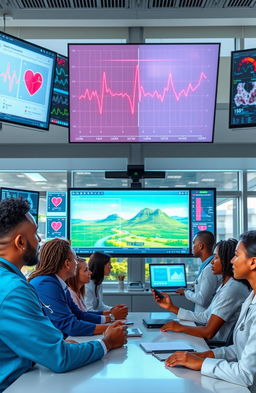 A dynamic scene depicting the advancement of cardiovascular disease detection in Mauritius, featuring healthcare professionals analyzing data on large screens